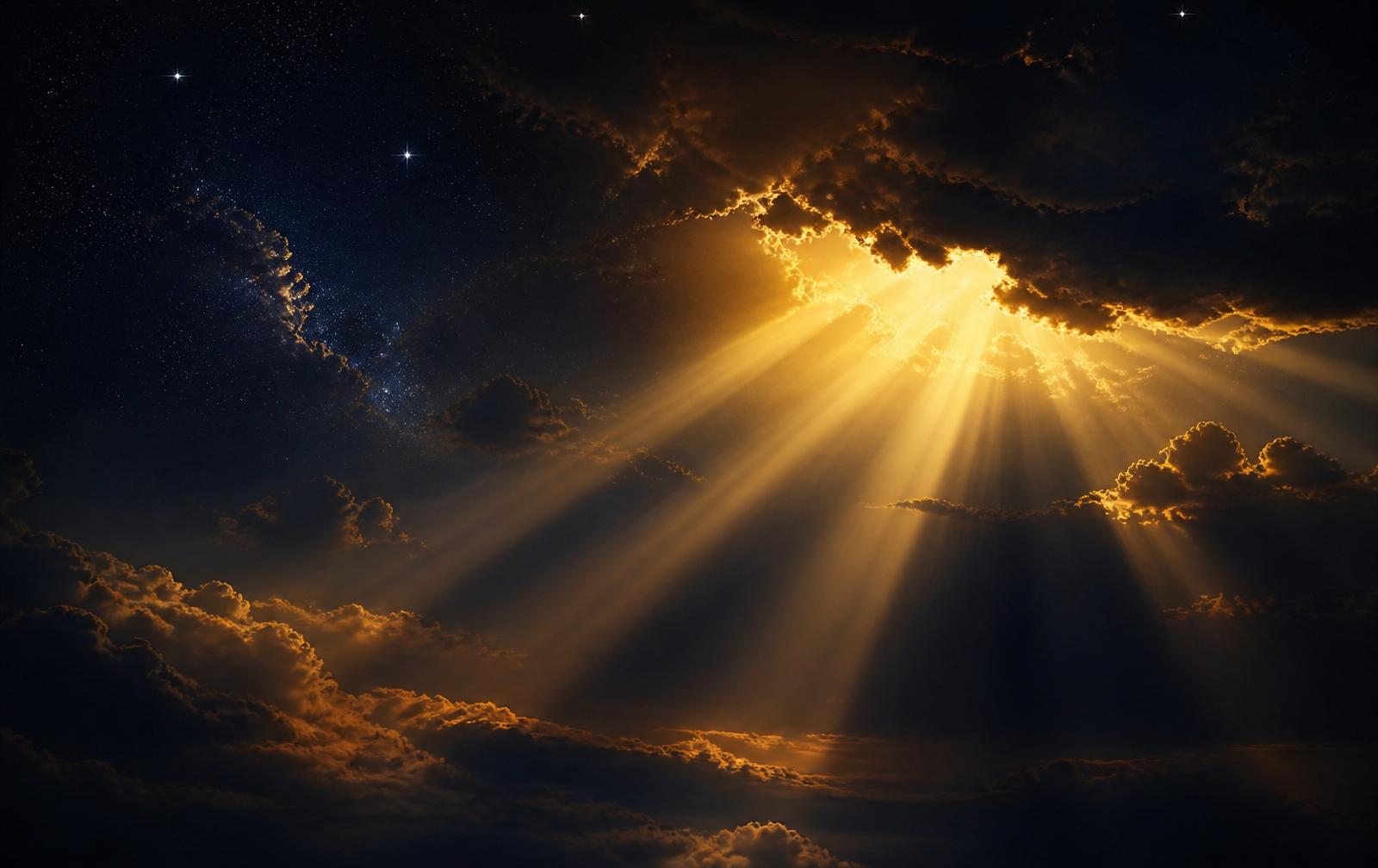 Golden rays of light breaking through clouds over a starlit night sky