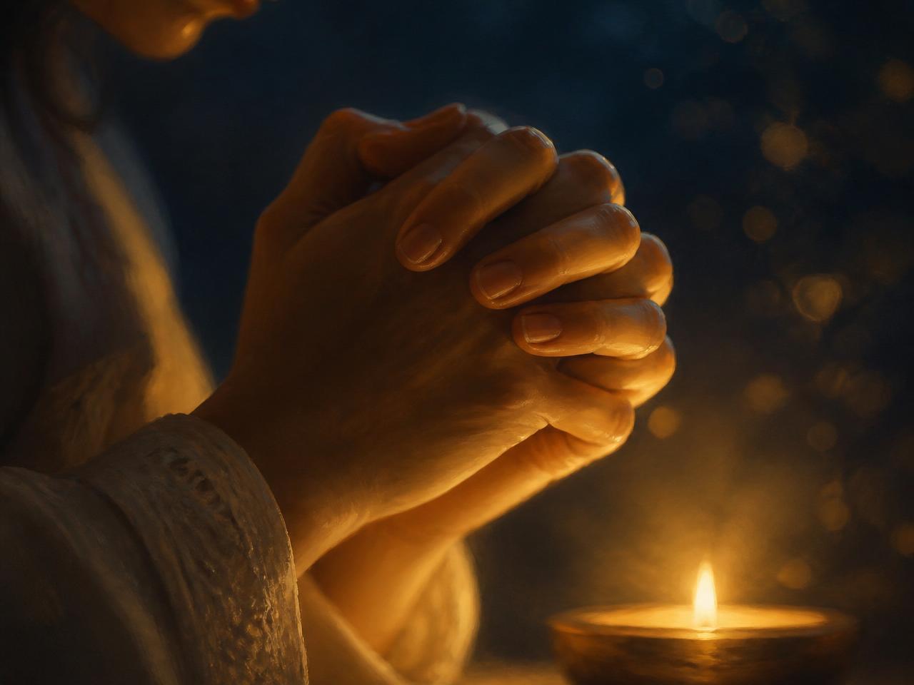 Two hands clasped in prayer beside a softly glowing candle
